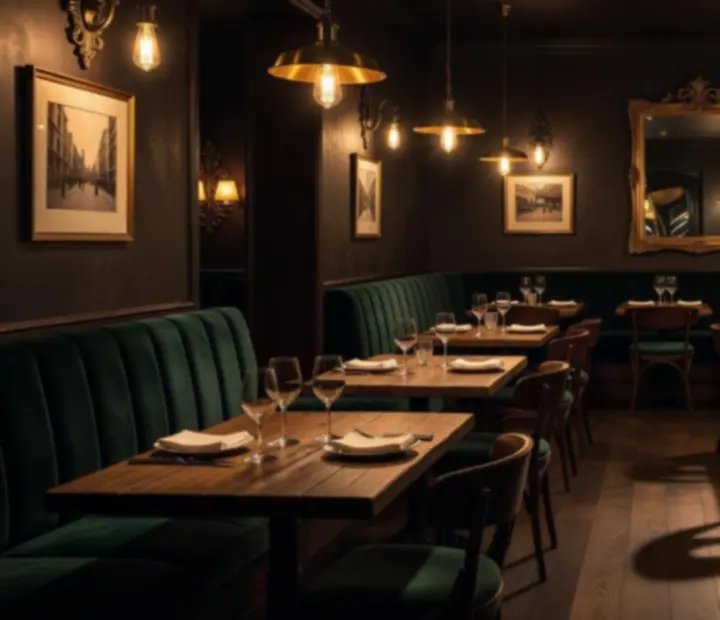 Bistró elegante en tonos esmeralda con madera oscura y luz cálida