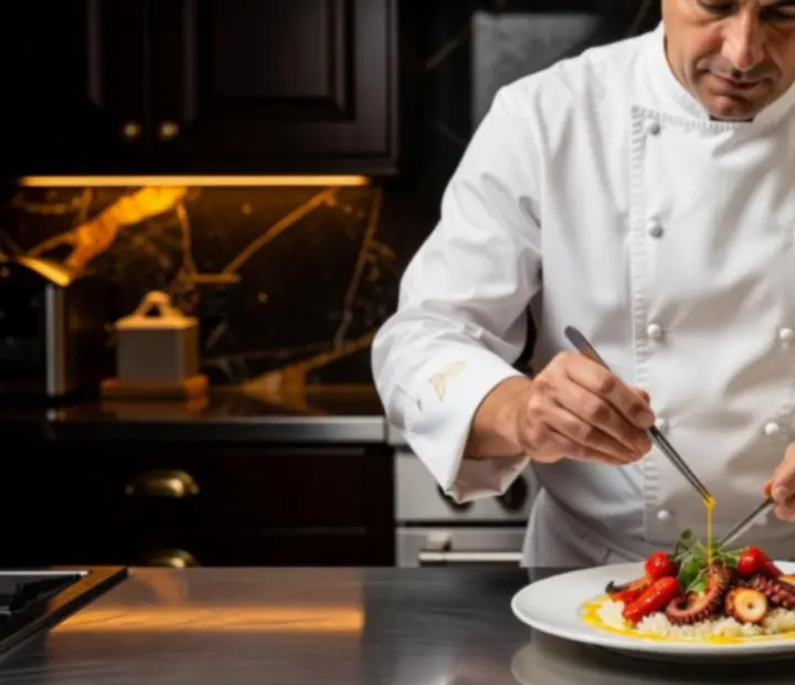 Chef culminando un plato gourmet con un acabado preciso en cocina