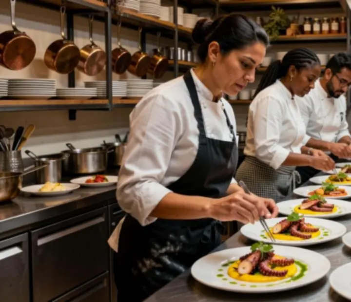 Equipo de chefs trabajando en armonía entre fuegos y platos