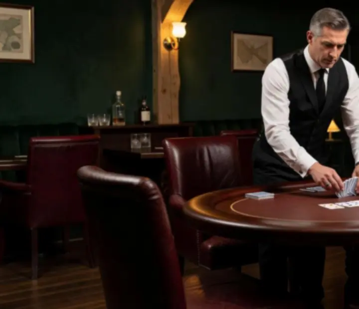 Croupier y equipo del salón de cartas preparando una mesa de juego