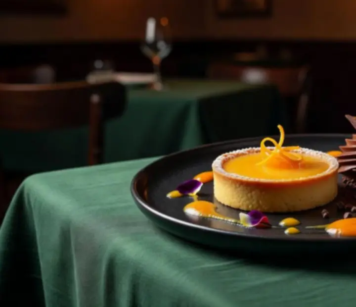 Postre de chocolate oscuro en un plato elegante, iluminado suavemente en un entorno de bistró.