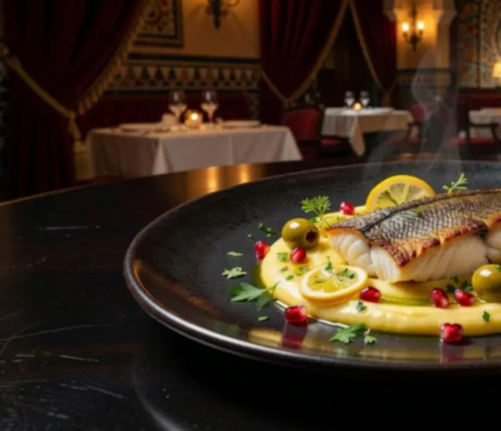 Emplatado elegante de pescado de lonja sobre una vajilla oscura, con salsas y brotes verdes.
