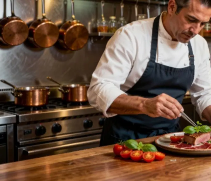 Cocina abierta con chef emplatando en un bistró de luz cálida