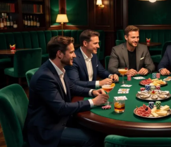 Mesa de cartas iluminada suavemente junto a una cena gourmet