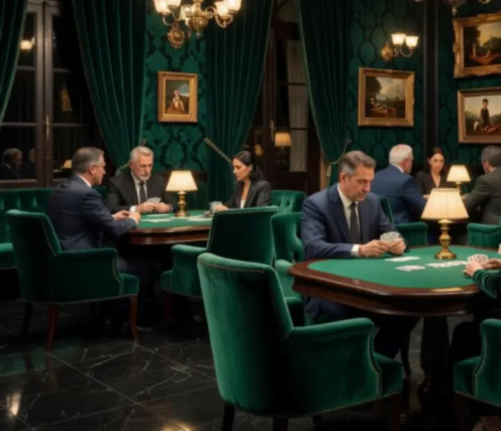 Salón de cartas privado con mesa de juego, cortinas de terciopelo y luz tenue