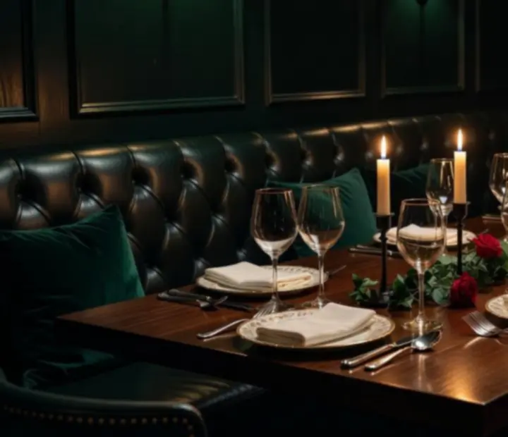 Mesa imperial vestida para una cena privada con luz tenue y detalles en verde esmeralda