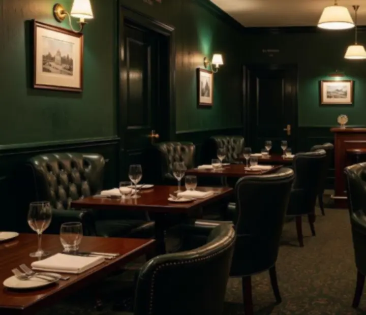 Interior del bistró Nochesdecartas con luz tenue, mesas vestidas y barra iluminada en tonos verde esmeralda.