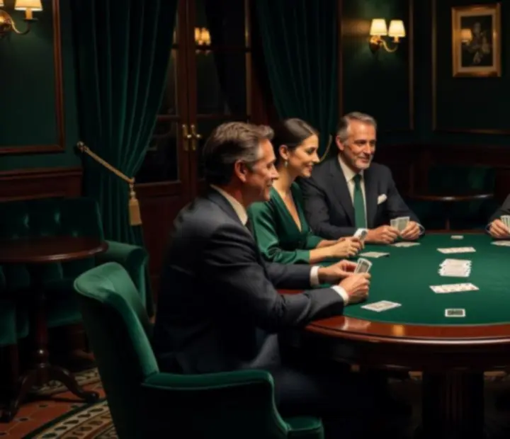 Salón de cartas privado con mesa de juego iluminada, baraja de cartas y cócteles sobre la mesa.